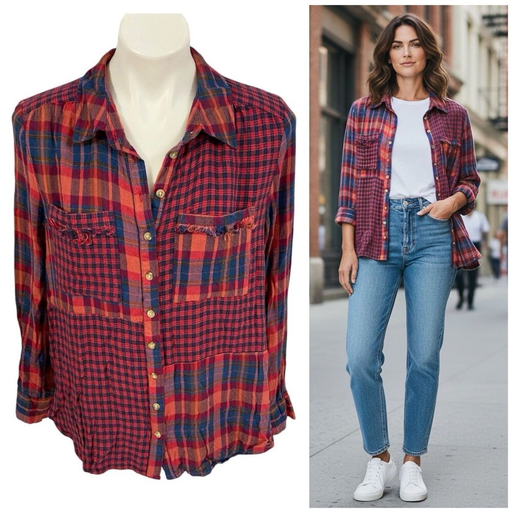 Caffe Marrakesh Flannel Shirt Womens Medium Red Plaid Western Boho Button Up